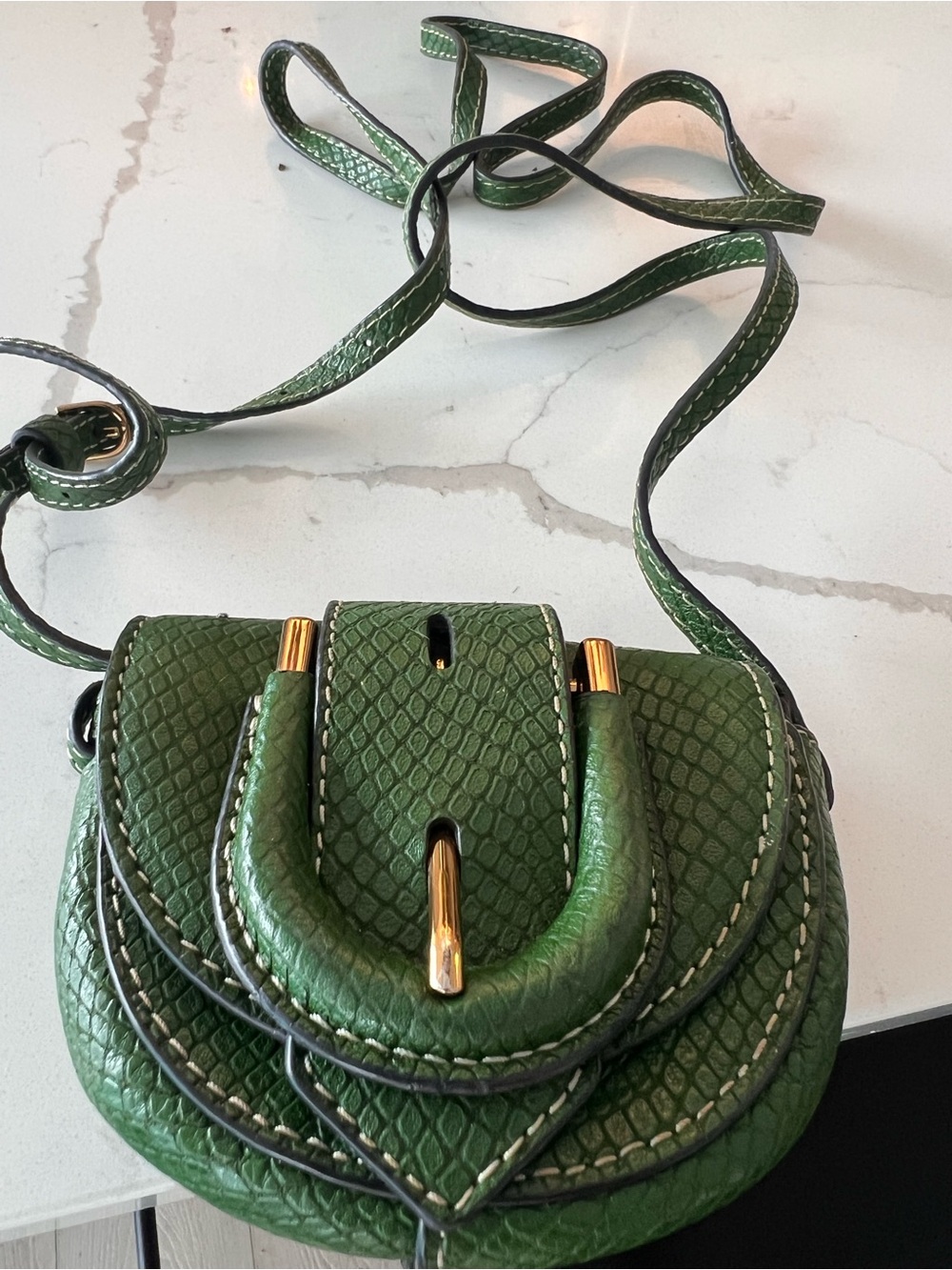 Green Snakeskin Textured Leather Saddlebag Crossbody Bag with Gold Accent